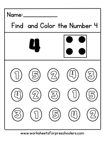 Preschool Find and Color Number 4 Math Worksheet