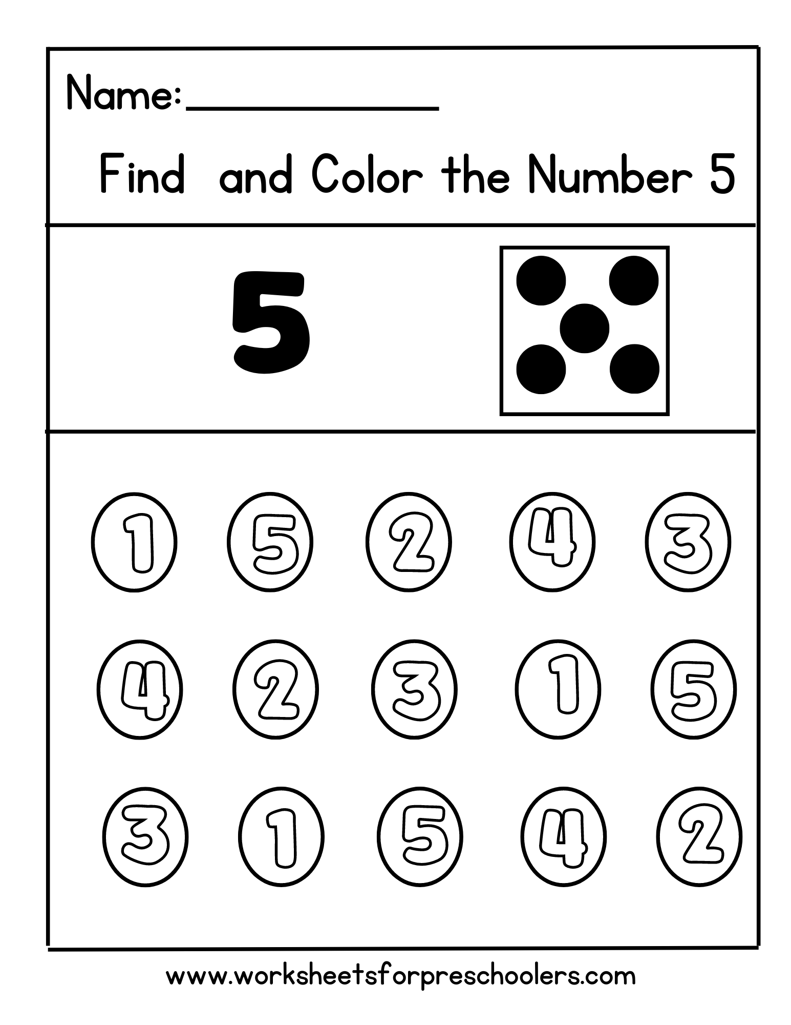 Preschool Find and Color Number 5 Math Worksheet