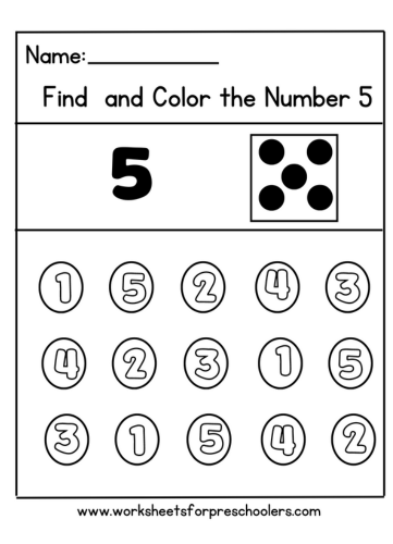 Preschool Find and Color Number 5 Math Worksheet