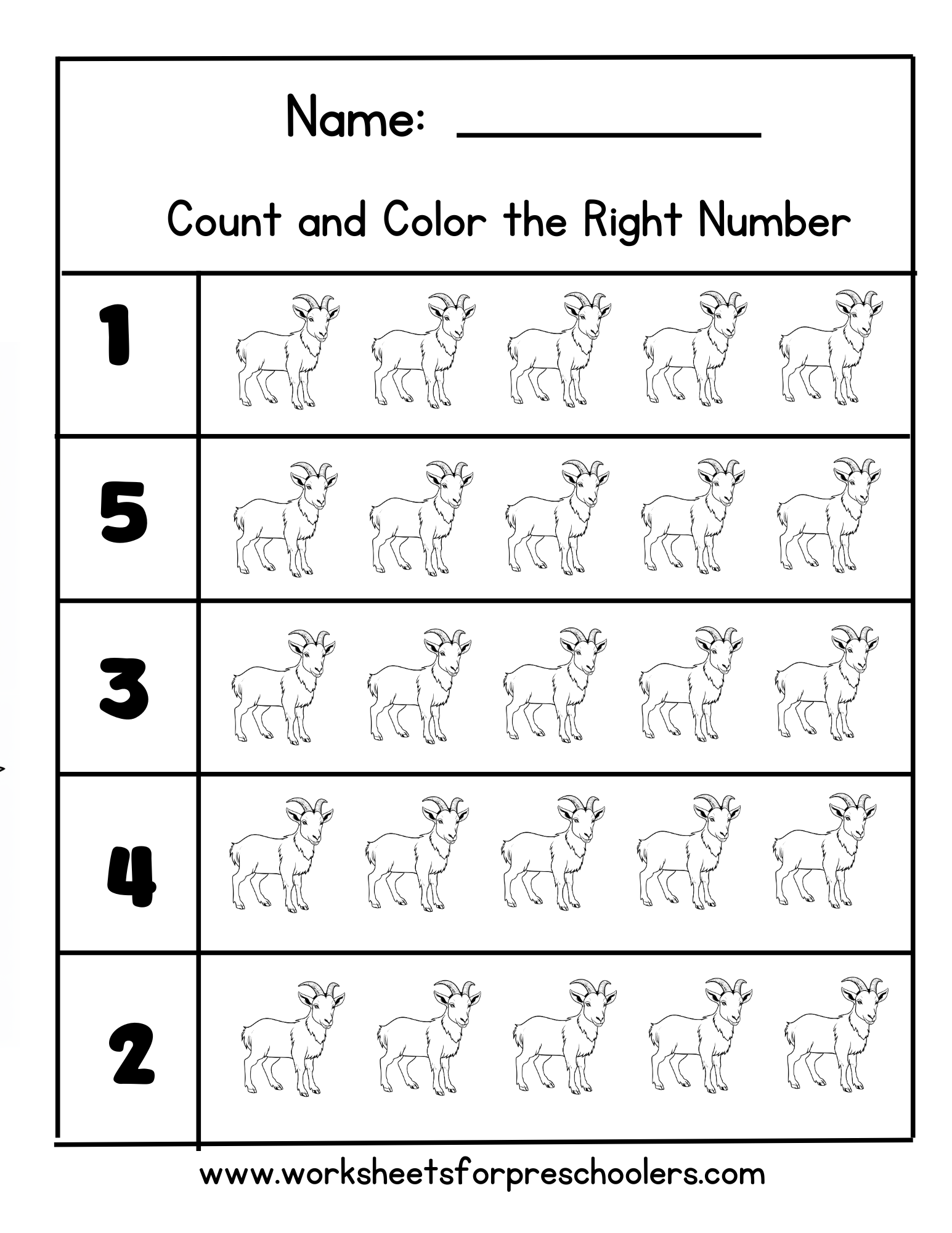 Math count and color goats worksheet