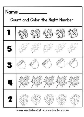 Fall Theme Count and Color Math Worksheet Preschool