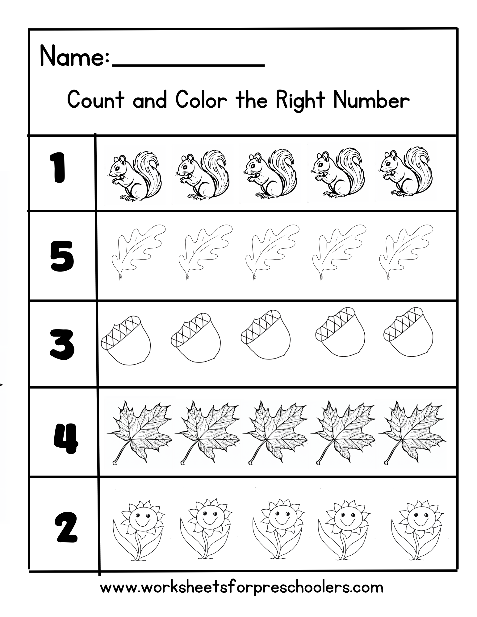 Fall Theme Count and Color Math Worksheet