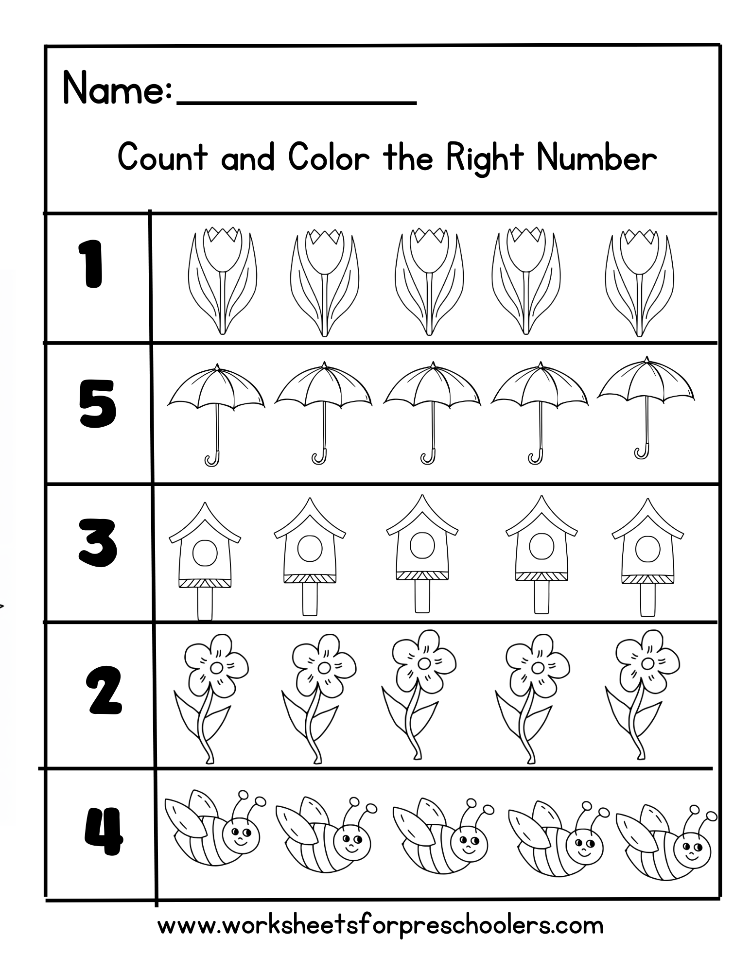 Spring Count and Color Math Worksheet