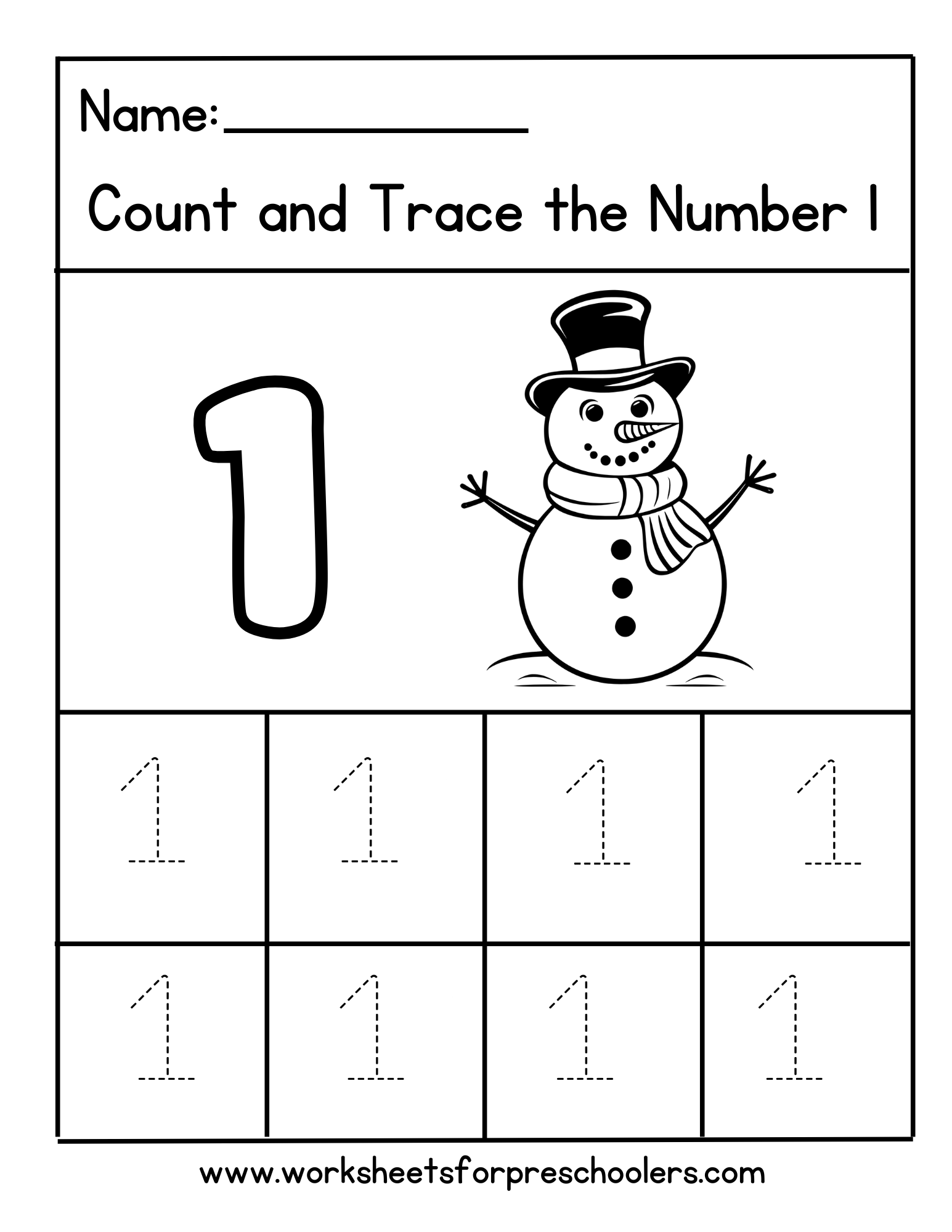 Number 1 Worksheet-Snowman