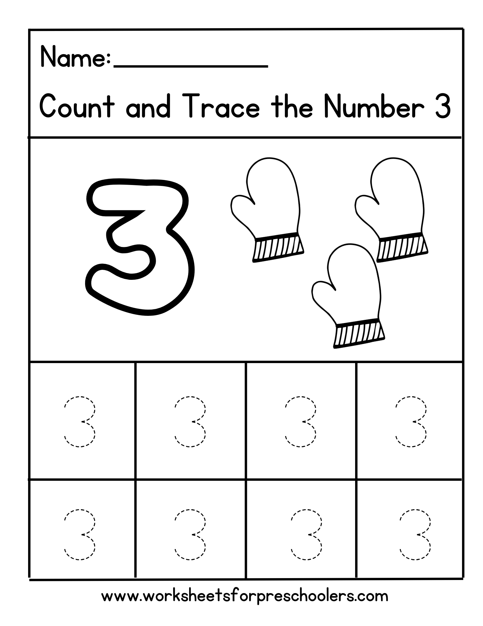 Tracing Number 3 Worksheet