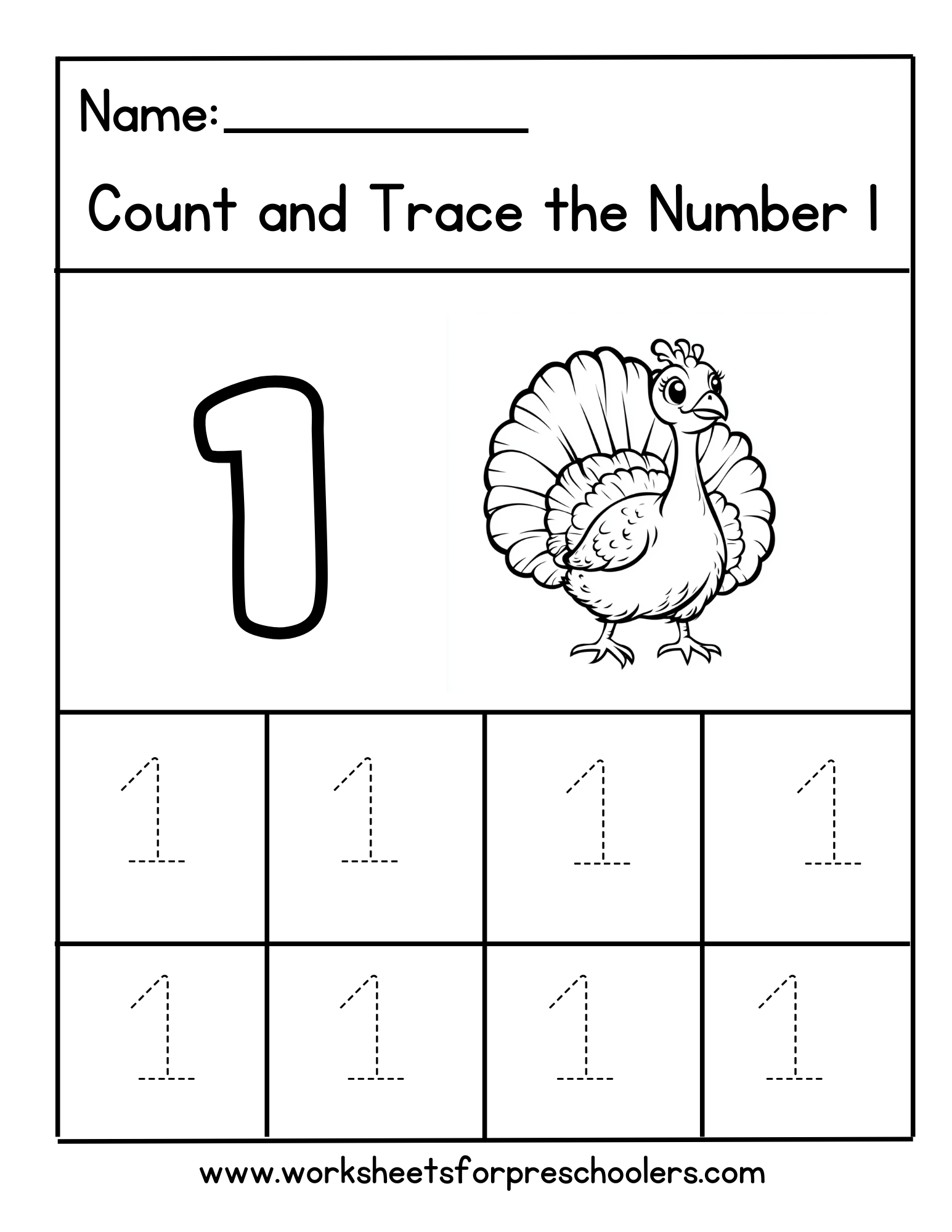 Counting and Tracing Number 1 Worksheet 