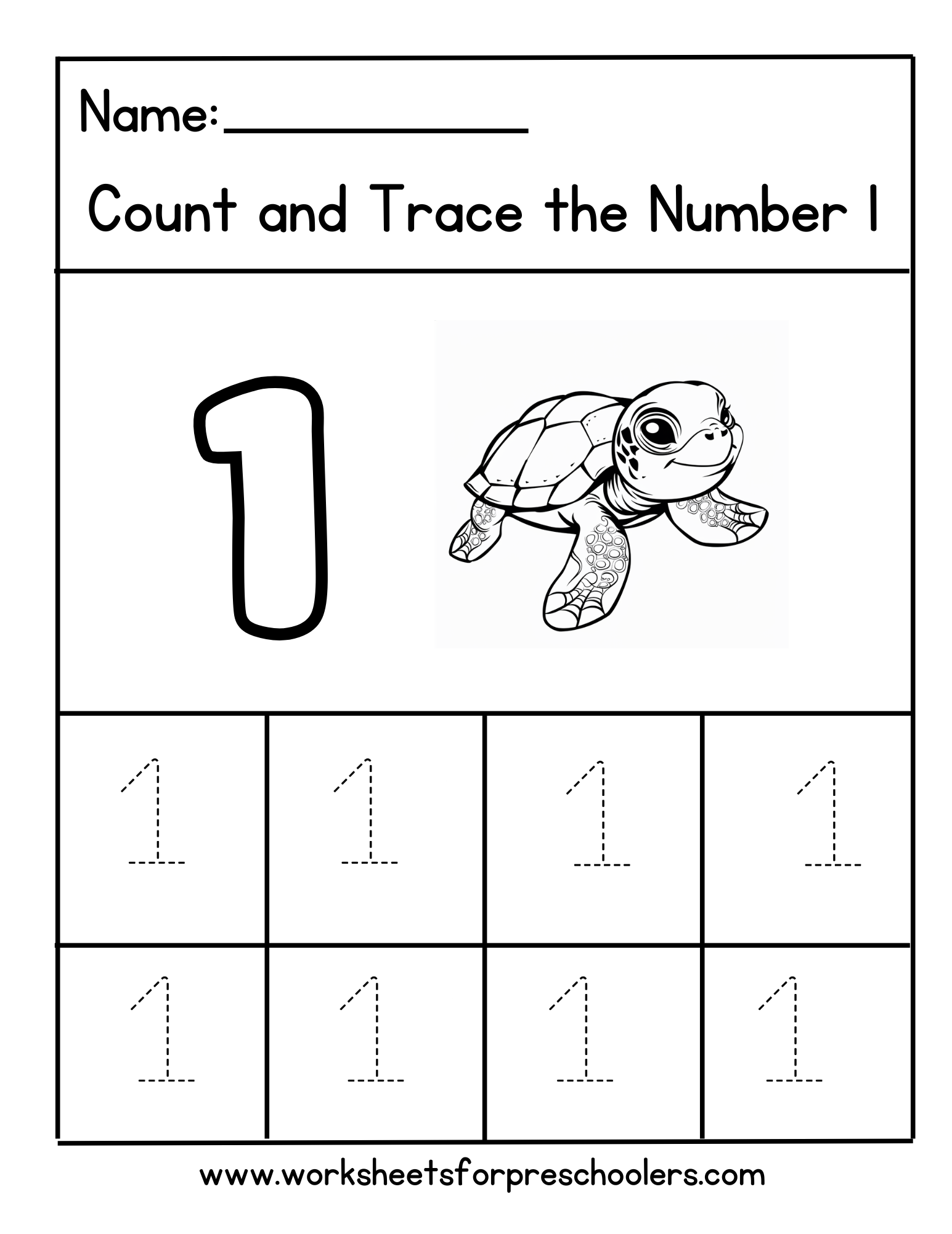 Count and trace number 1 worksheet preschool turtle