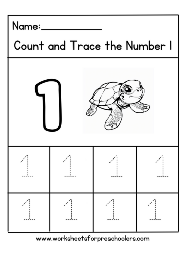 Count and Trace Number 1 Worksheet Preschool Turtle