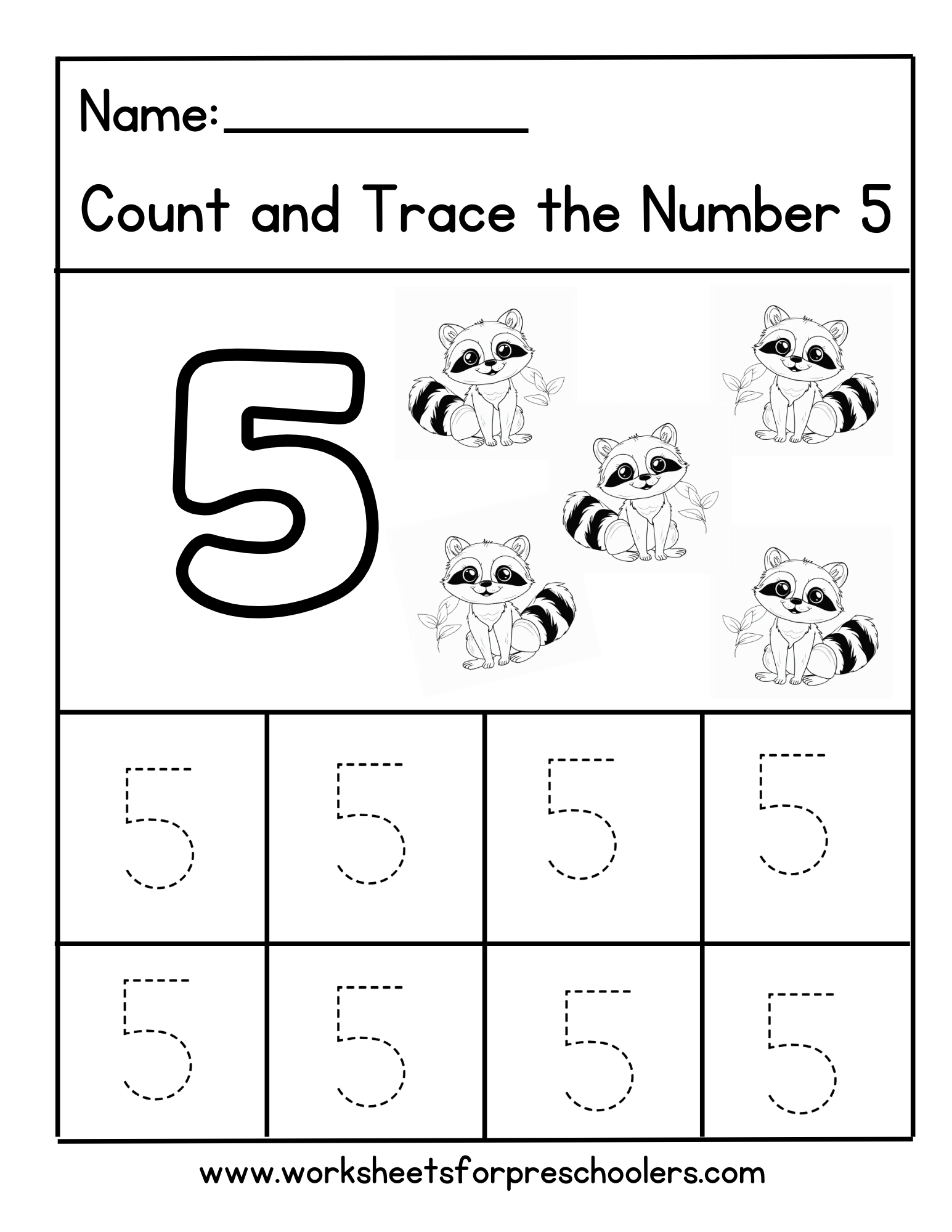 Count and Trace Number 4 Worksheet Preschool Raccoons