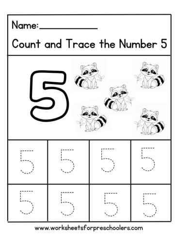 Count and Trace Number 5 Worksheet Preschool Raccoons