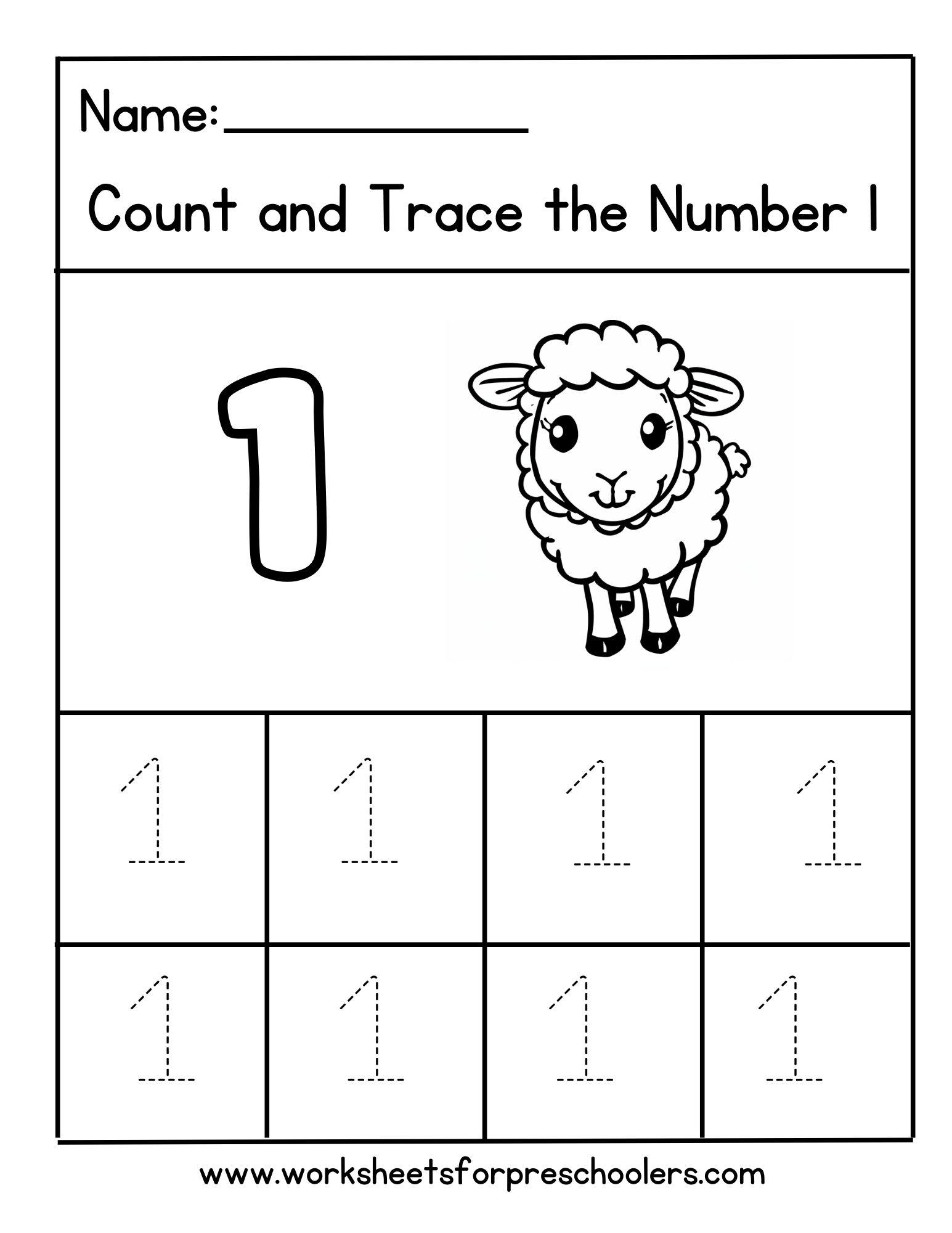 Count and Trace Number 1 Worksheet Preschool Sheep