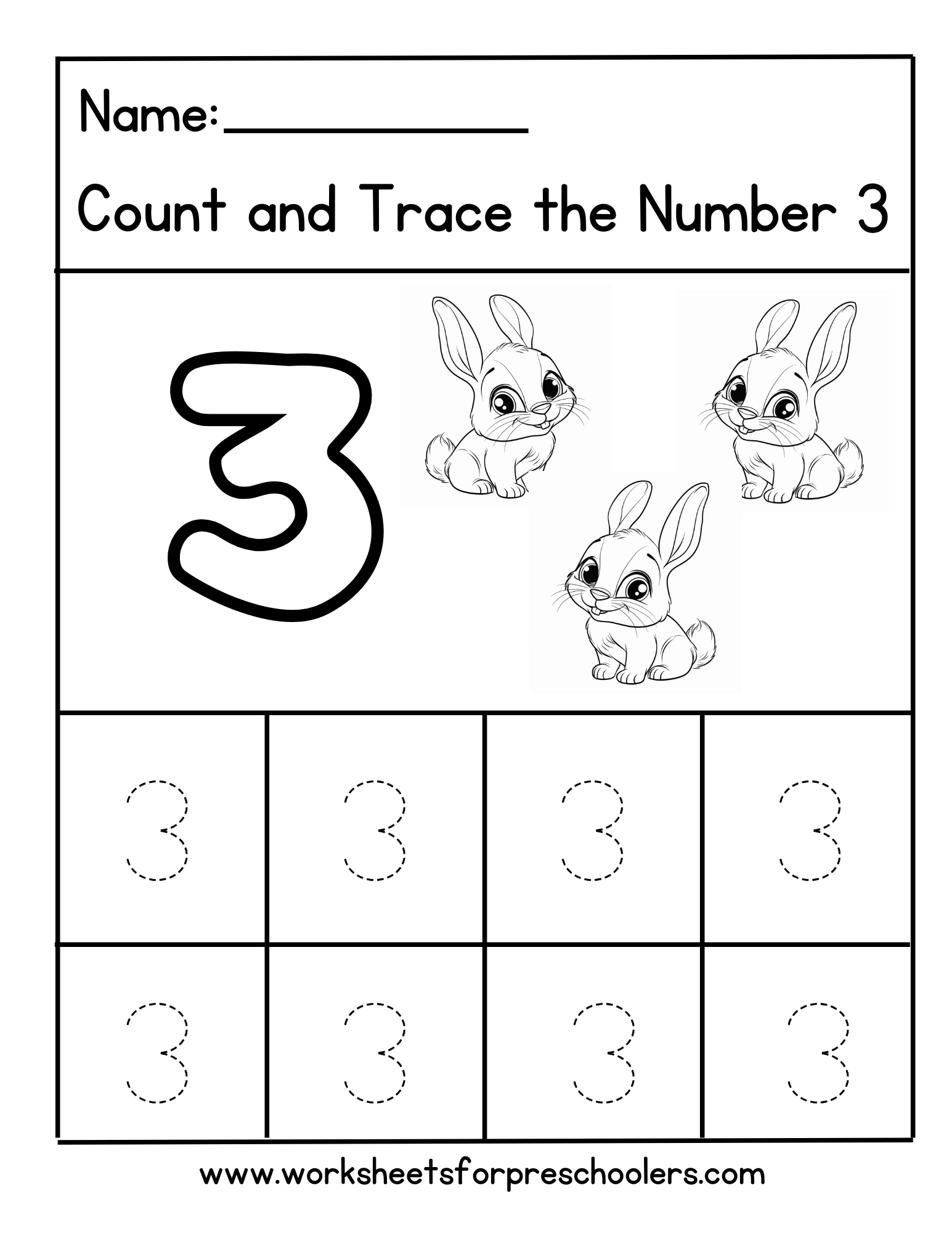 Count and Trace Number3 Worksheet Preschool Rabbit