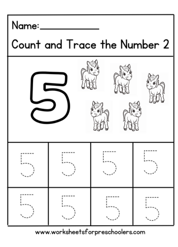 Count and Trace Number 5 Worksheet Preschool Horses