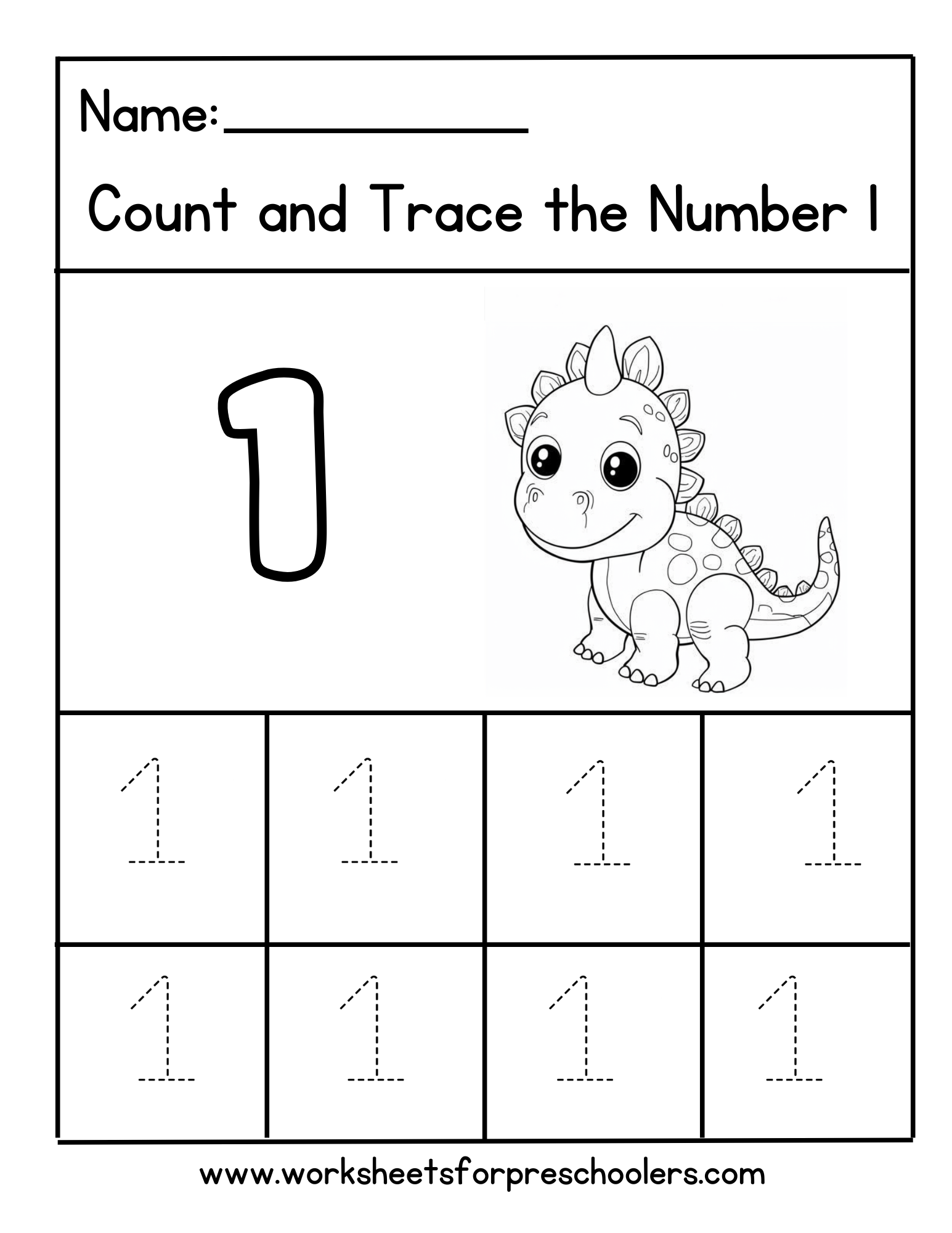 Count and Trace Number 1 Worksheet Preschool Dinosaur