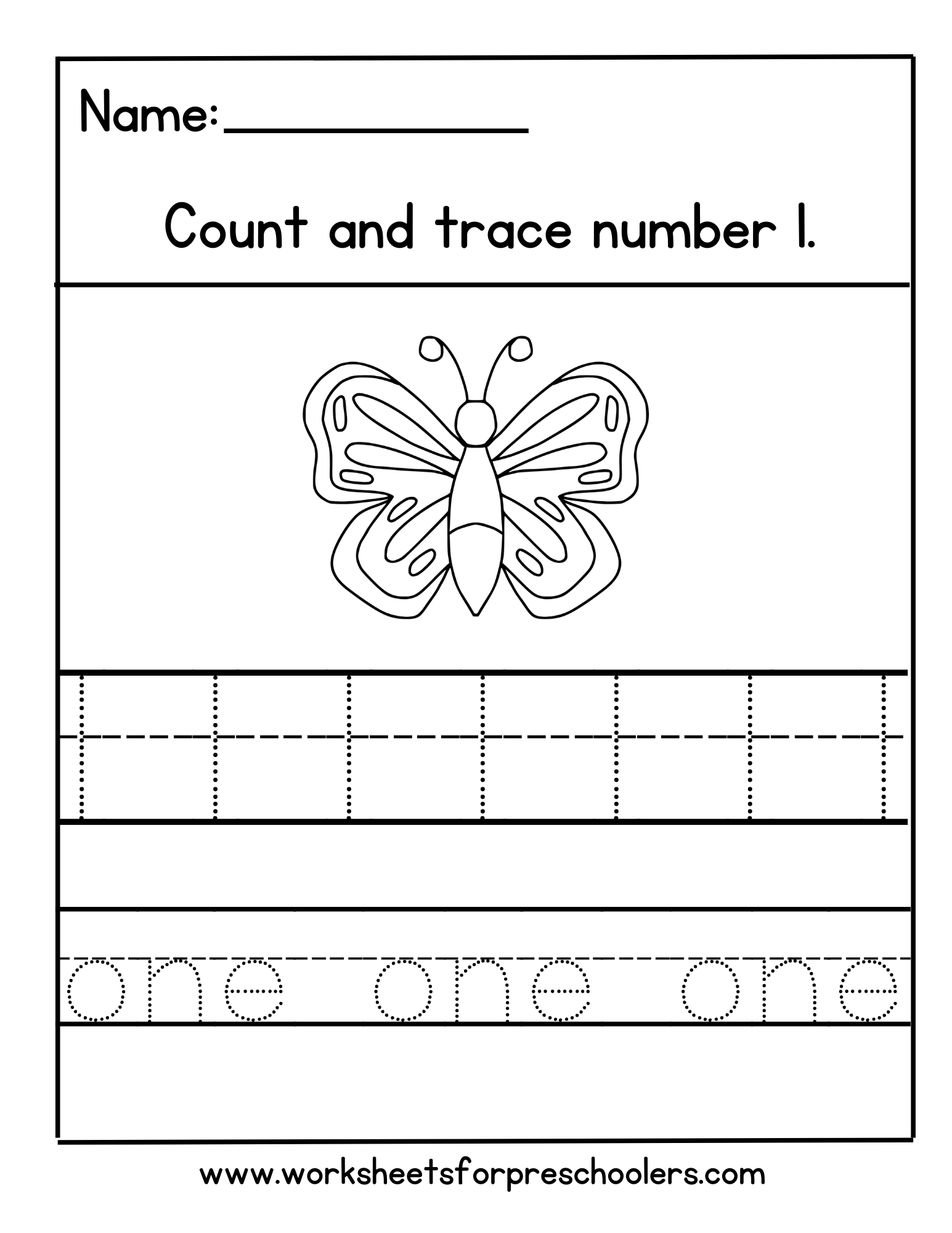 Butterfly Number 1 Math Worksheet