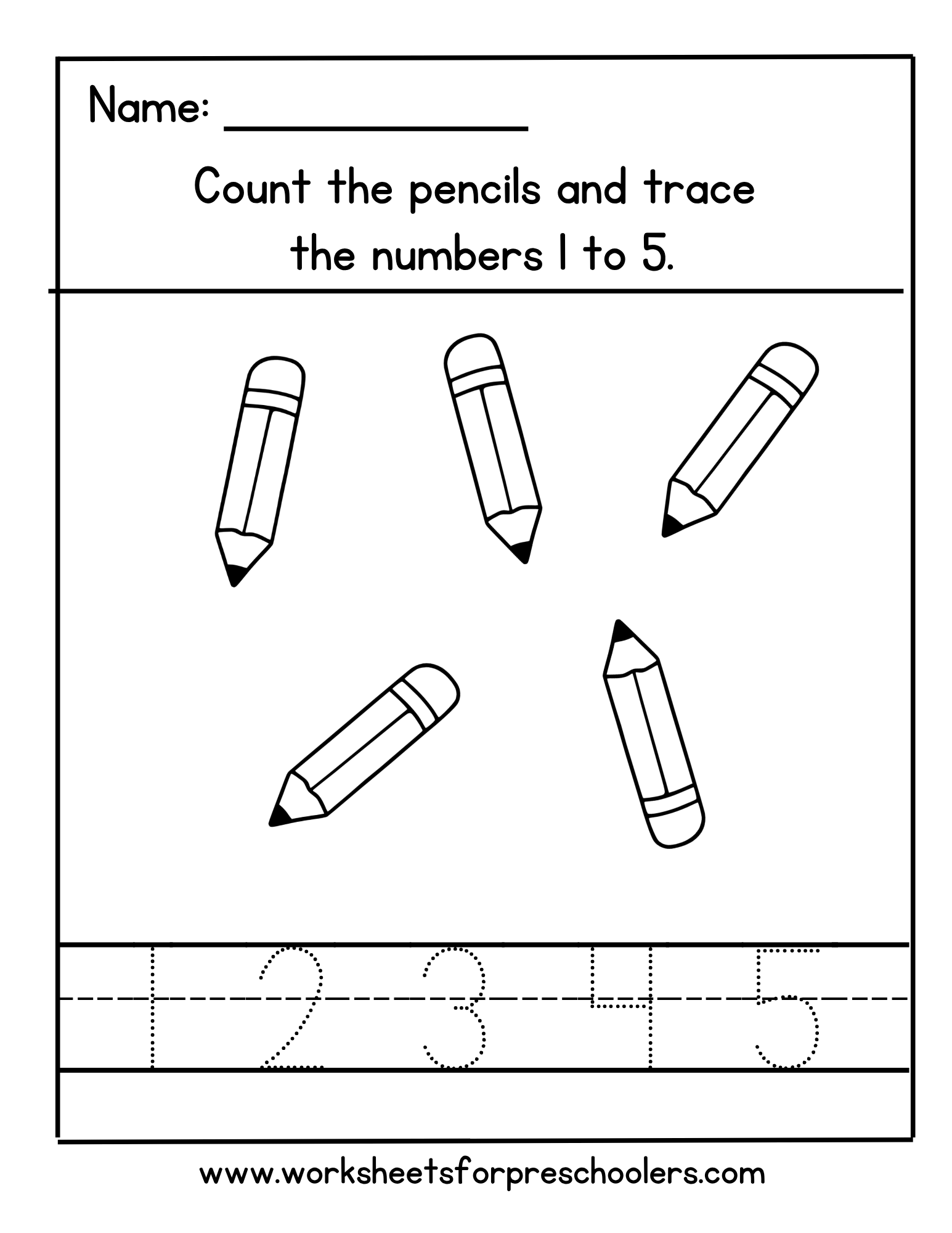 Trace Numbers 1 to 5 – Pencil-Themed Worksheet for Preschool Trace Numbers 1 to 5 – Pencil-Themed Worksheet for Preschool