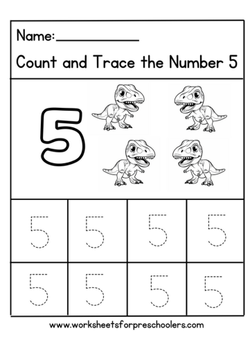 Count and Trace Number 5 Worksheet Preschool Dinosaur