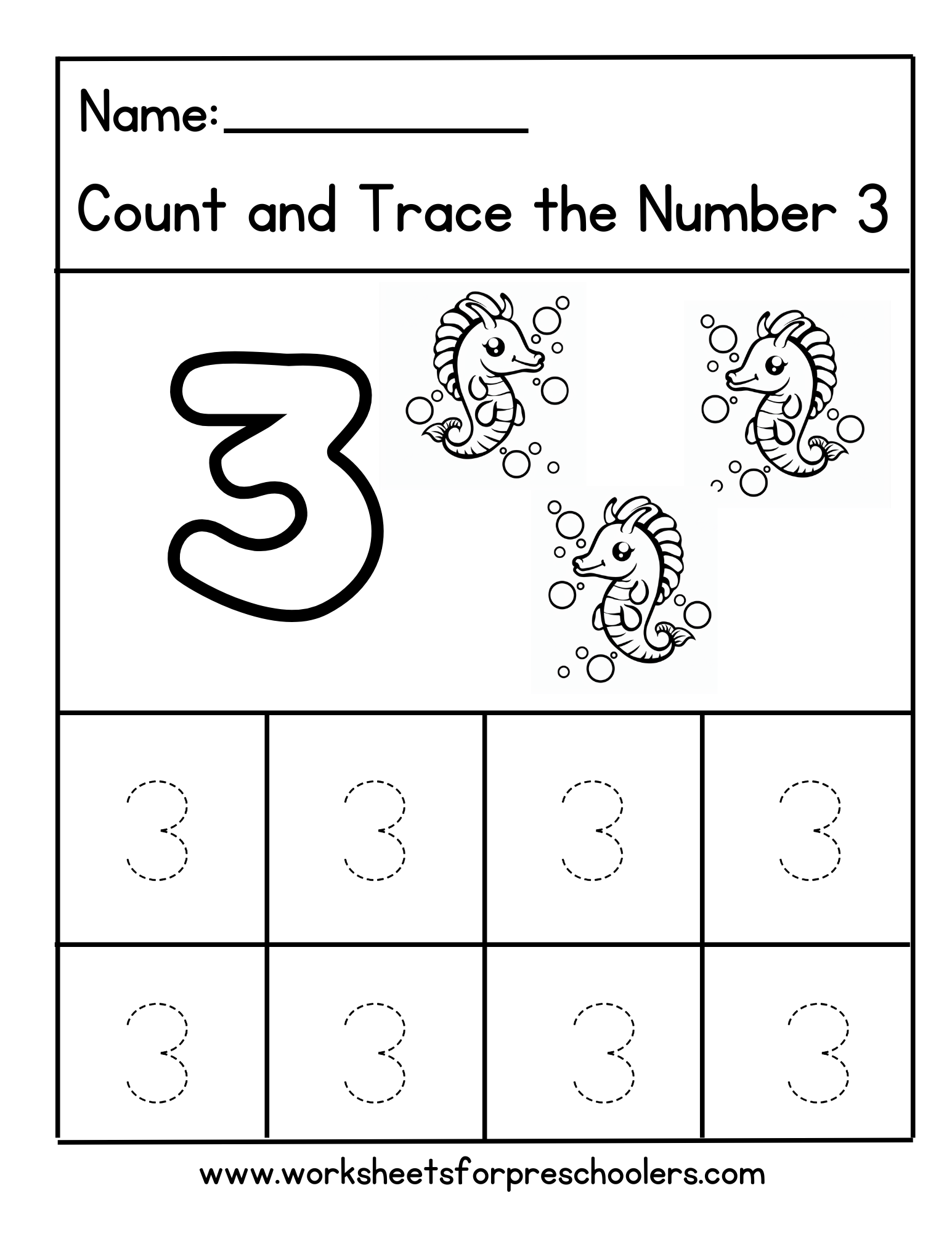 Count and Trace Number 2 Worksheet Preschool Seahorse