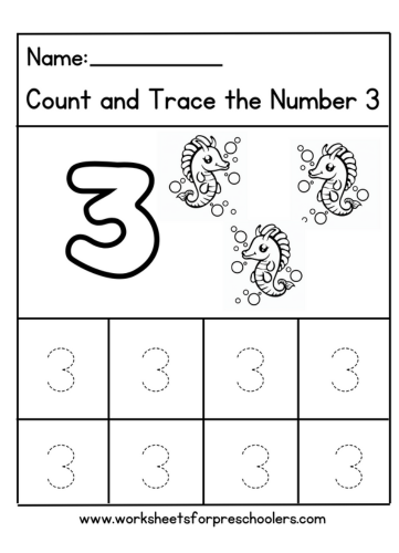Count and Trace Number 4 Worksheet Preschool Seahorse