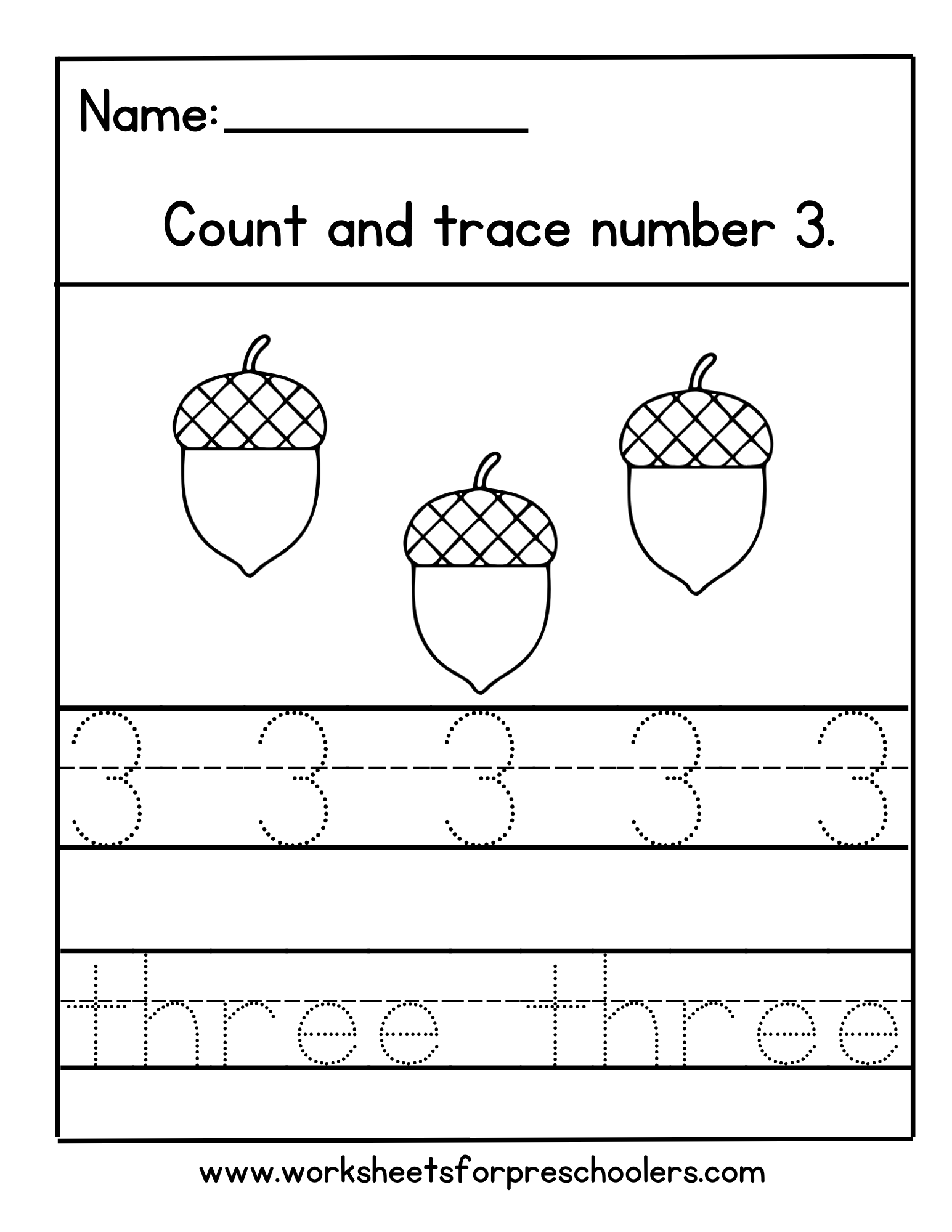 Number 3 Tracing and Counting Worksheet with Acorns