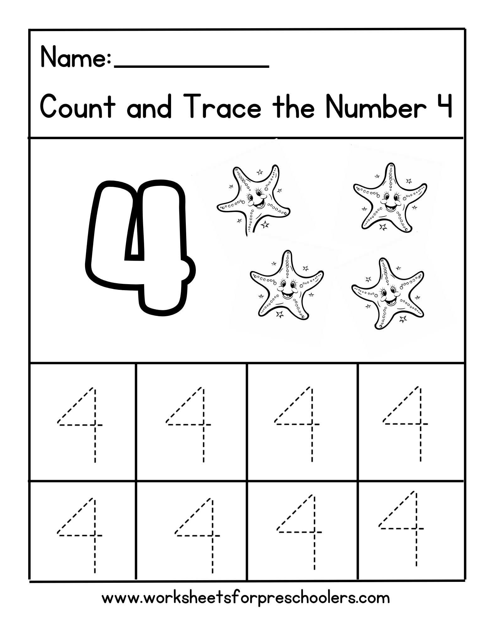 Count and Trace Number 4 Worksheet Preschool Starfish