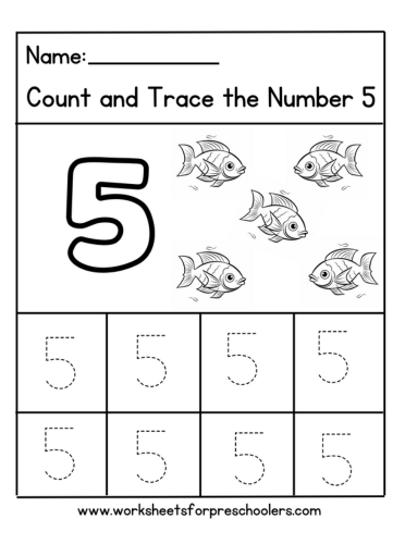 Count and Trace Number 5 Worksheet Preschool Fish