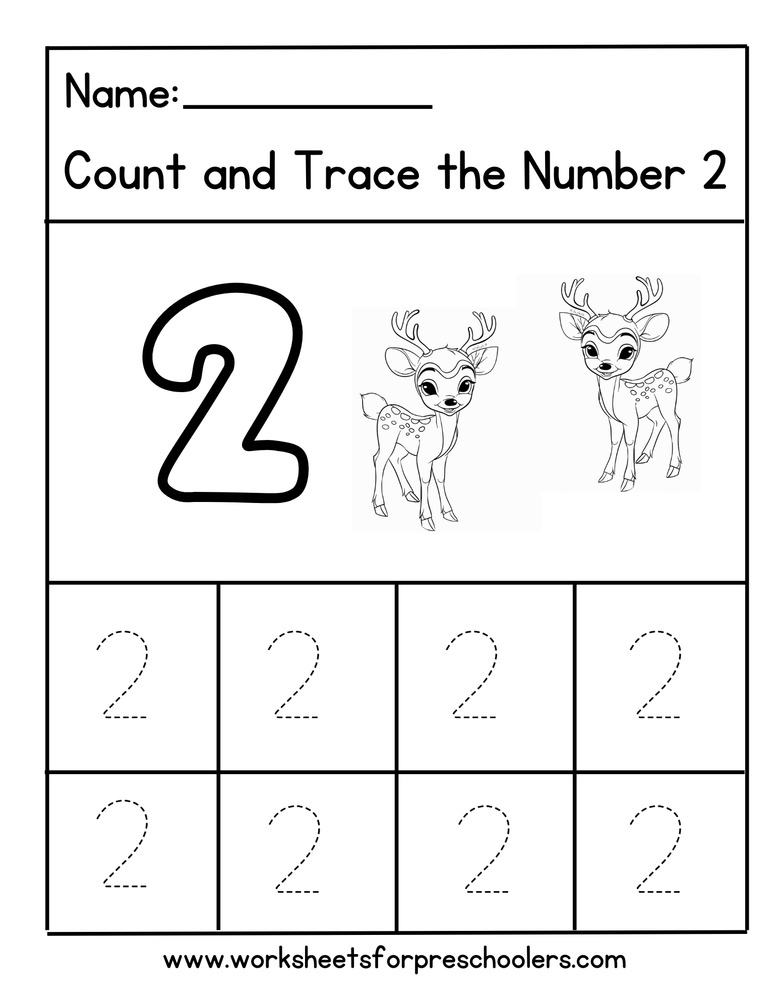 Count and Trace Number 2 Worksheet Preschool Deer