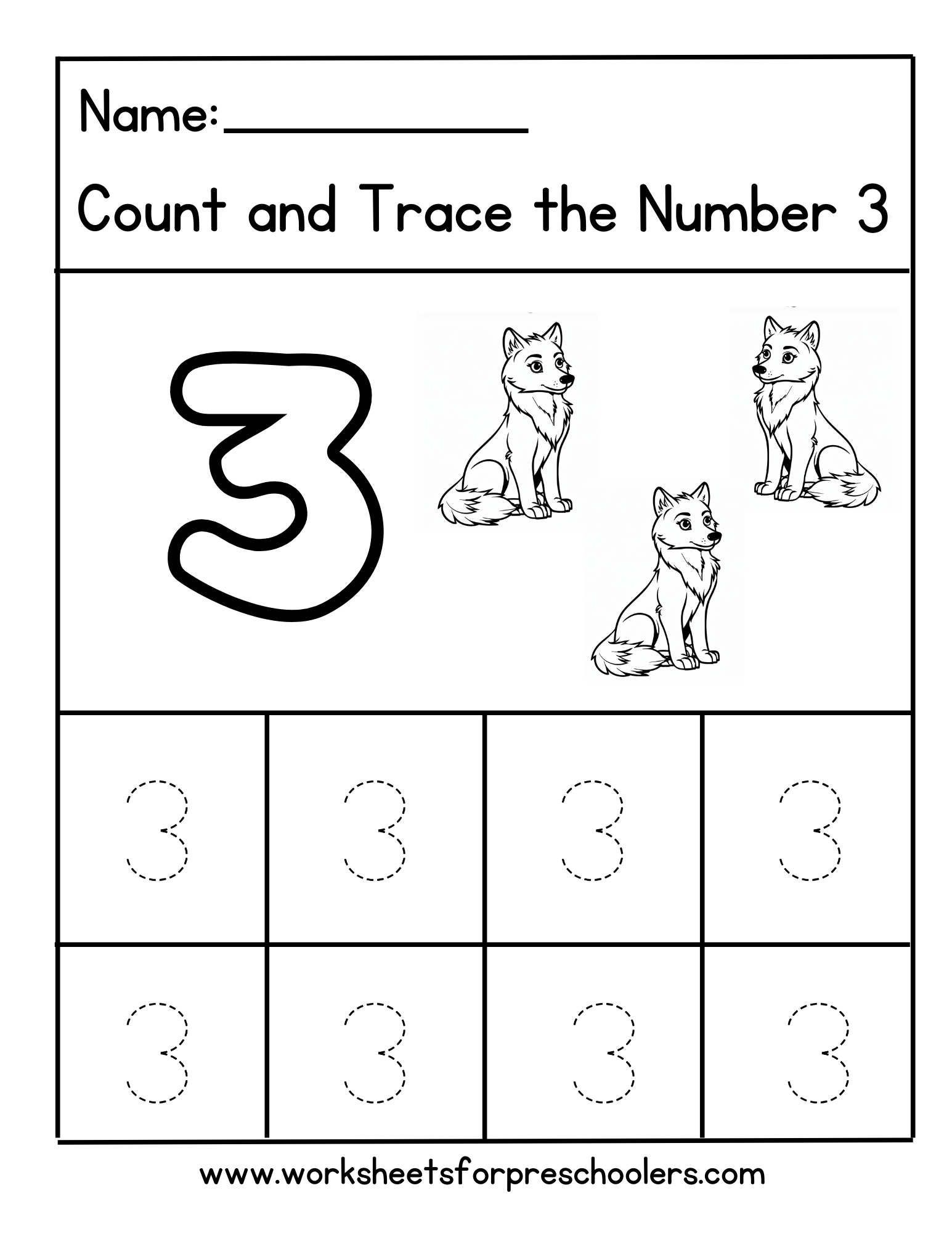 Count and Trace Number 3 Worksheet Preschool Fox