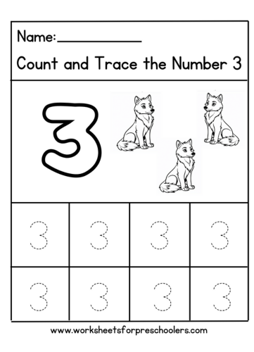 Count and Trace Number 3 Worksheet Preschool Fox