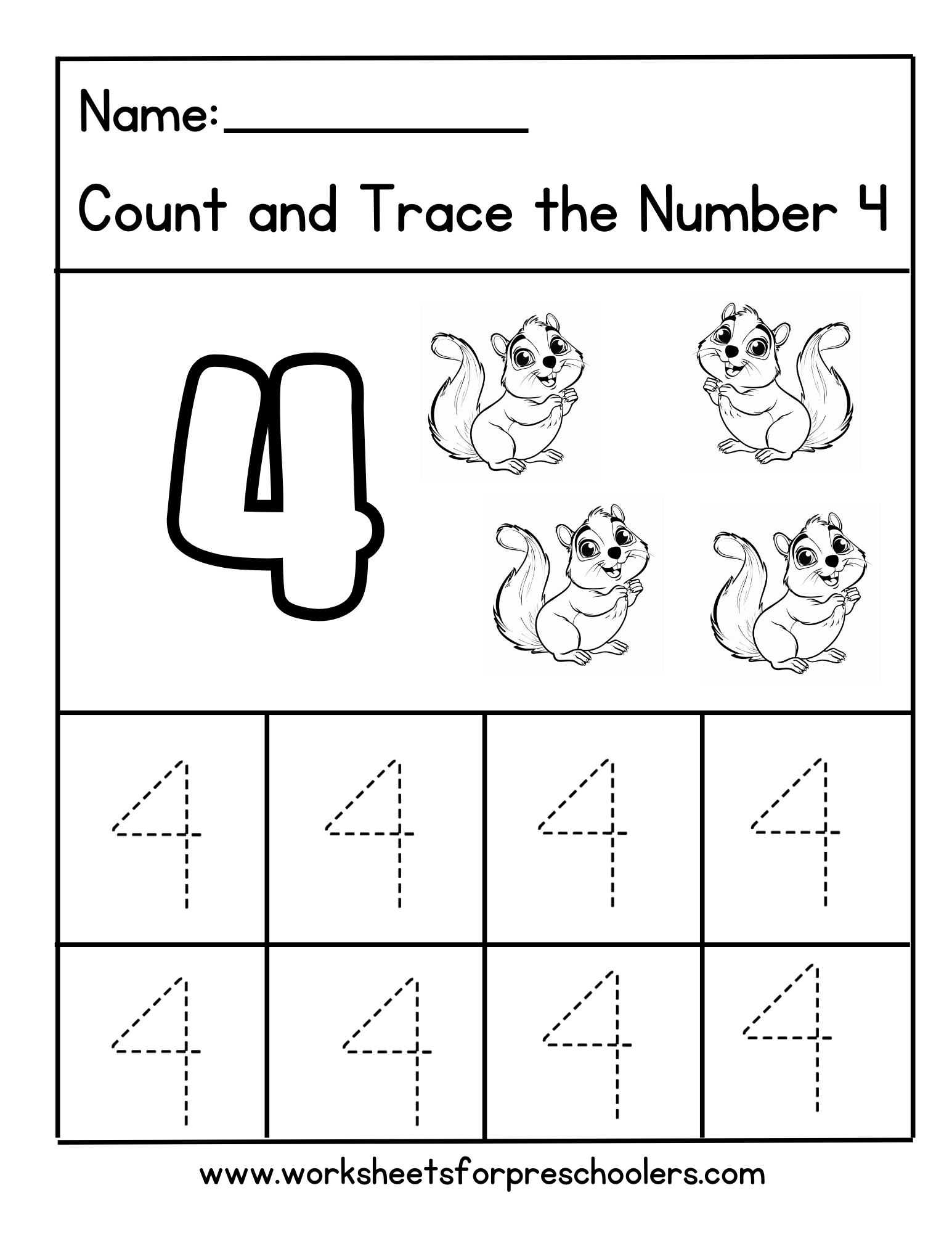 Count and Trace Number 4 Worksheet Preschool Squirrel