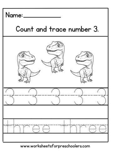 Dinosaur Number 3 Math Worksheet