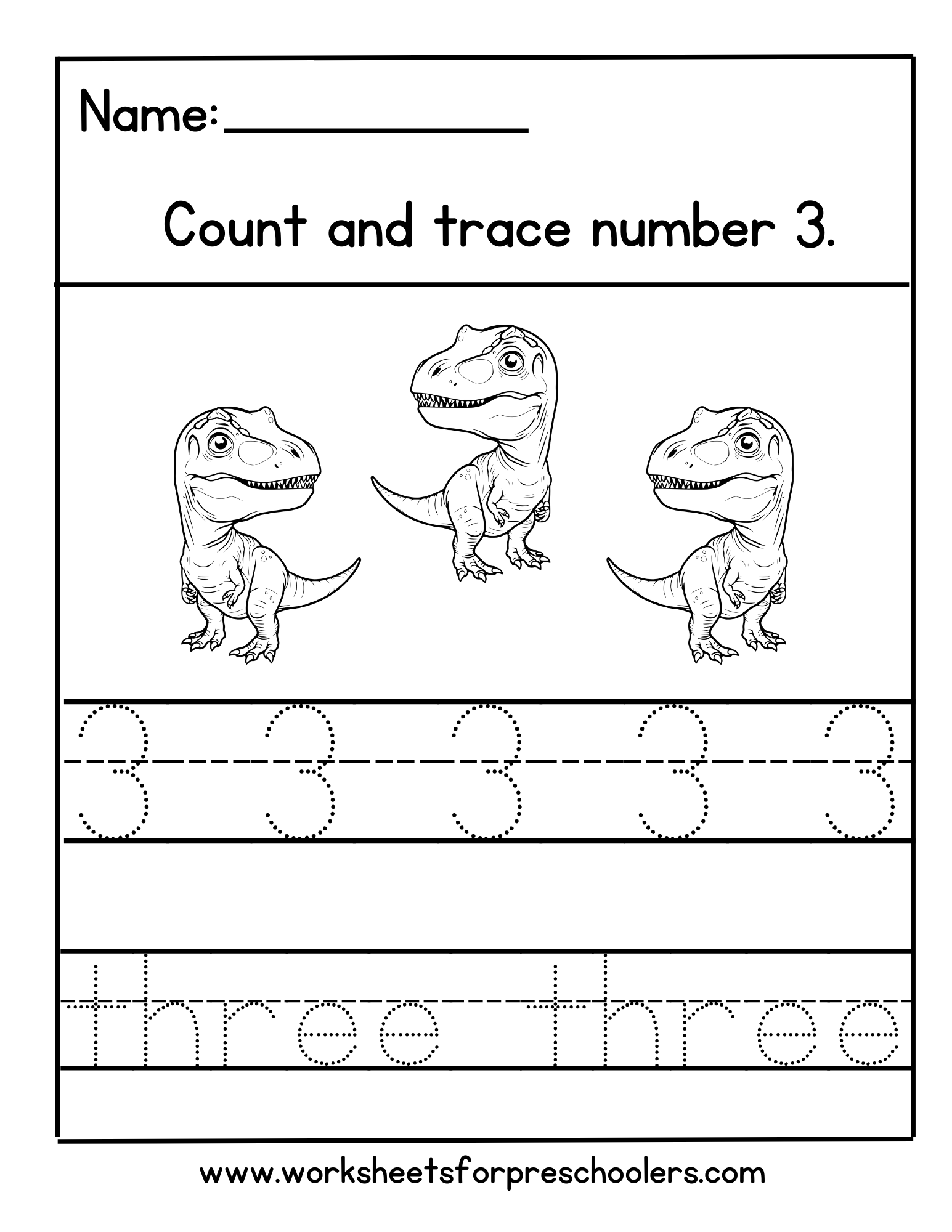 Dinosaur Number 3 Math Worksheet