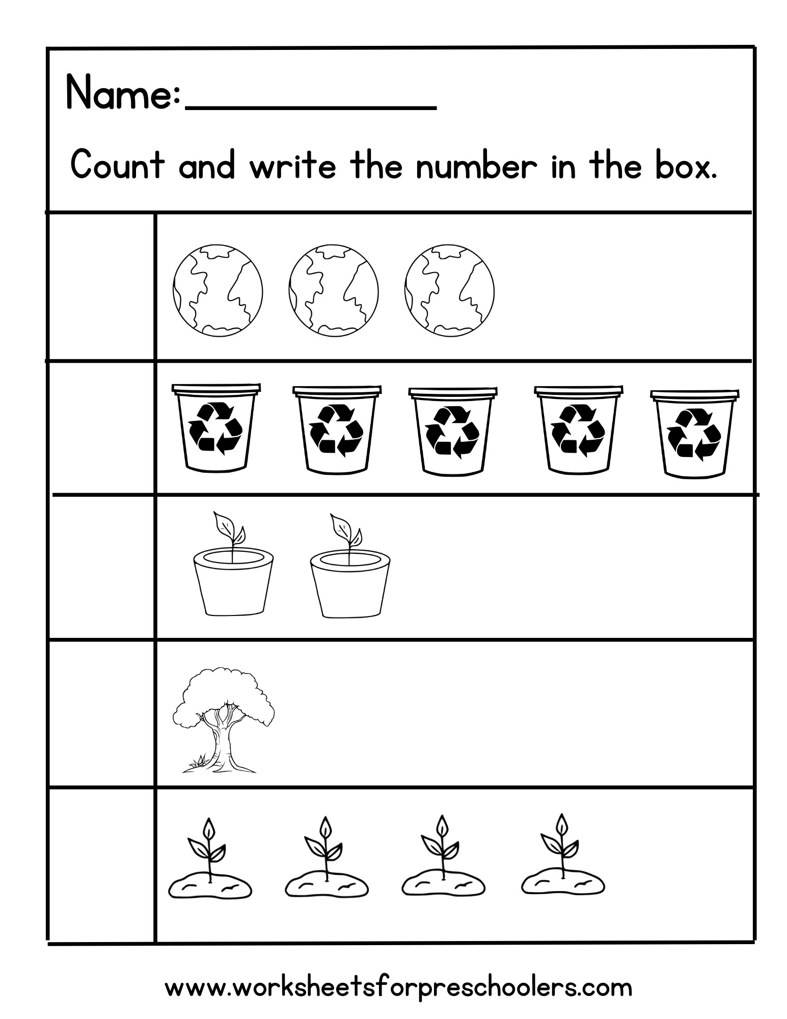 Earth Day Count and Write Number Workshee