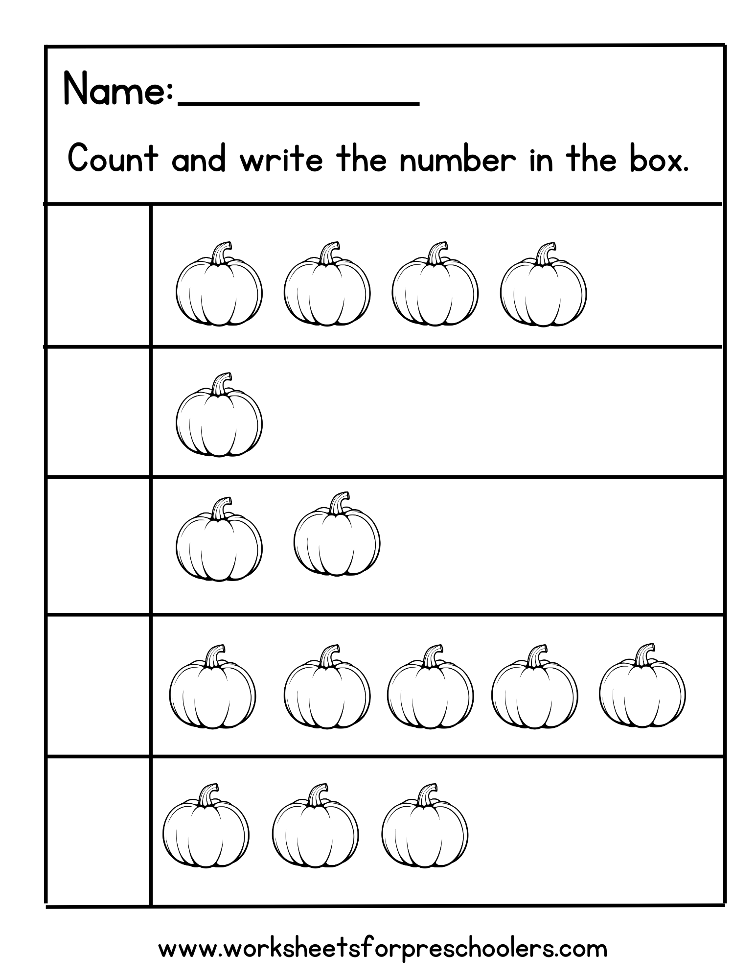 Pumpkin Counting Math Worksheet Preschool