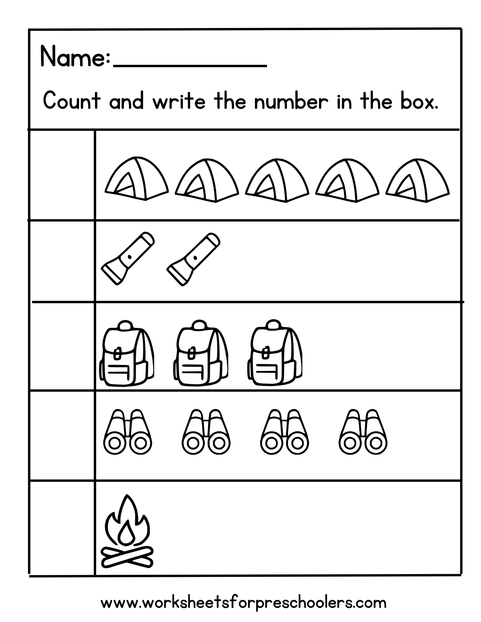 Camping Count and Write Number Worksheet