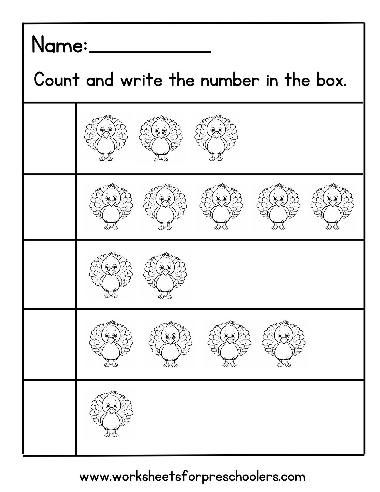 Thanksgiving Counting Worksheet Preschool
