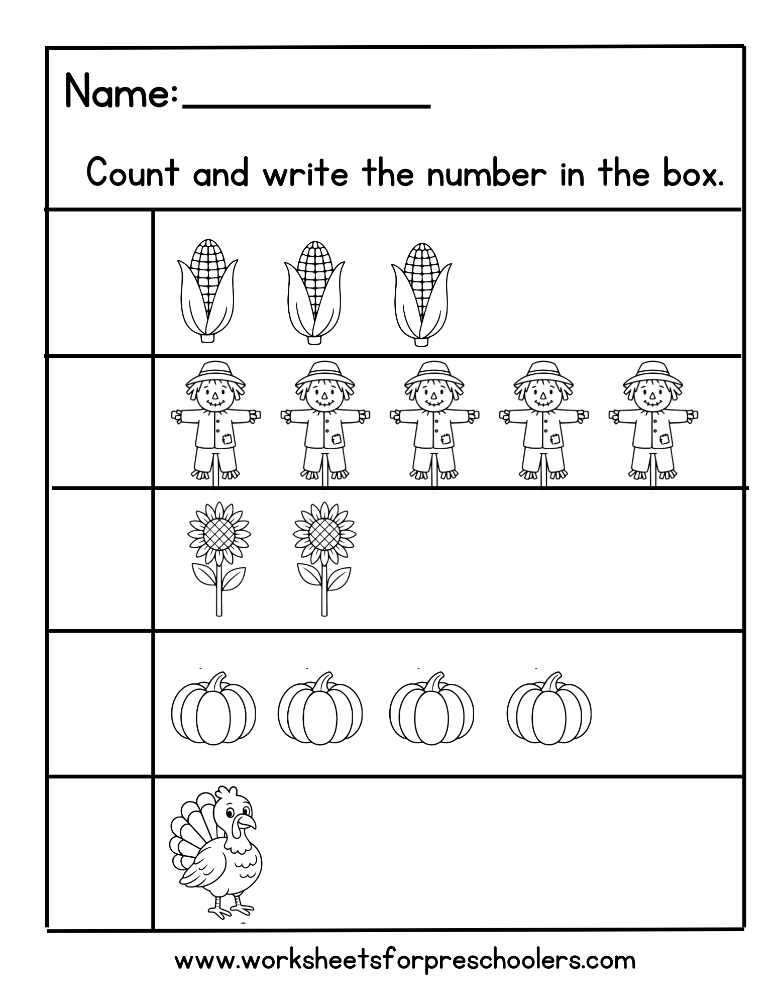 Thanksgiving Count and Write Numbers Worksheet