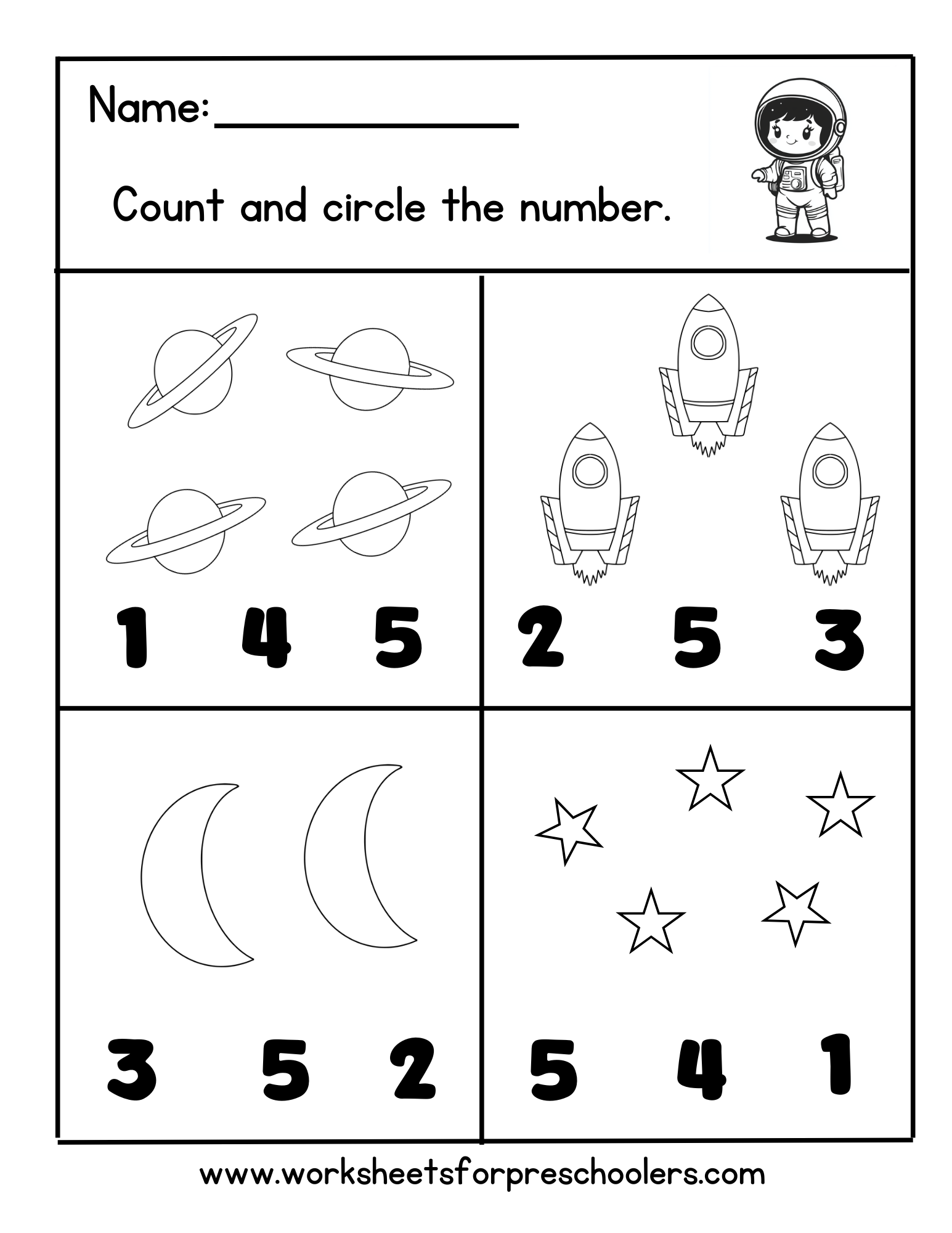 Space Theme Count and Circle Worksheet