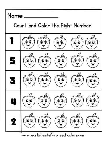 Apple Theme Count and Color Math Worksheet Preschool