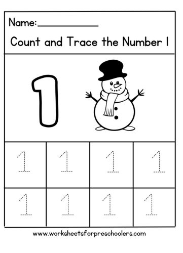 Tracing Number 1 for Snowman worksheet