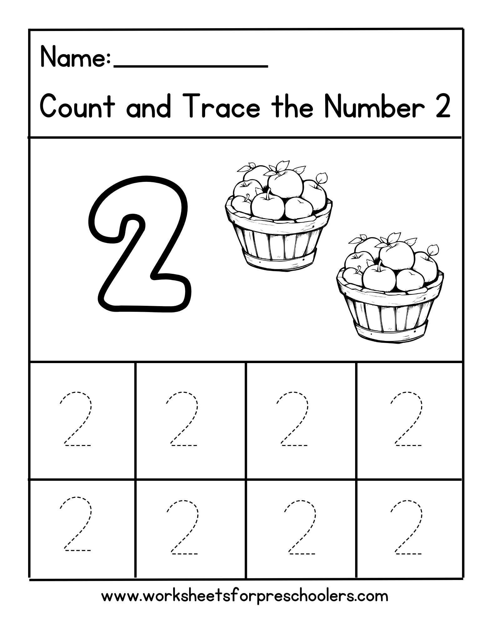 Apple Theme Tracing Number 2 Worksheet Preschool