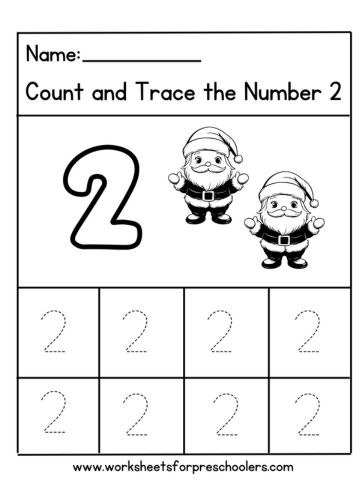 Tracing Number 2 for Santa worksheet