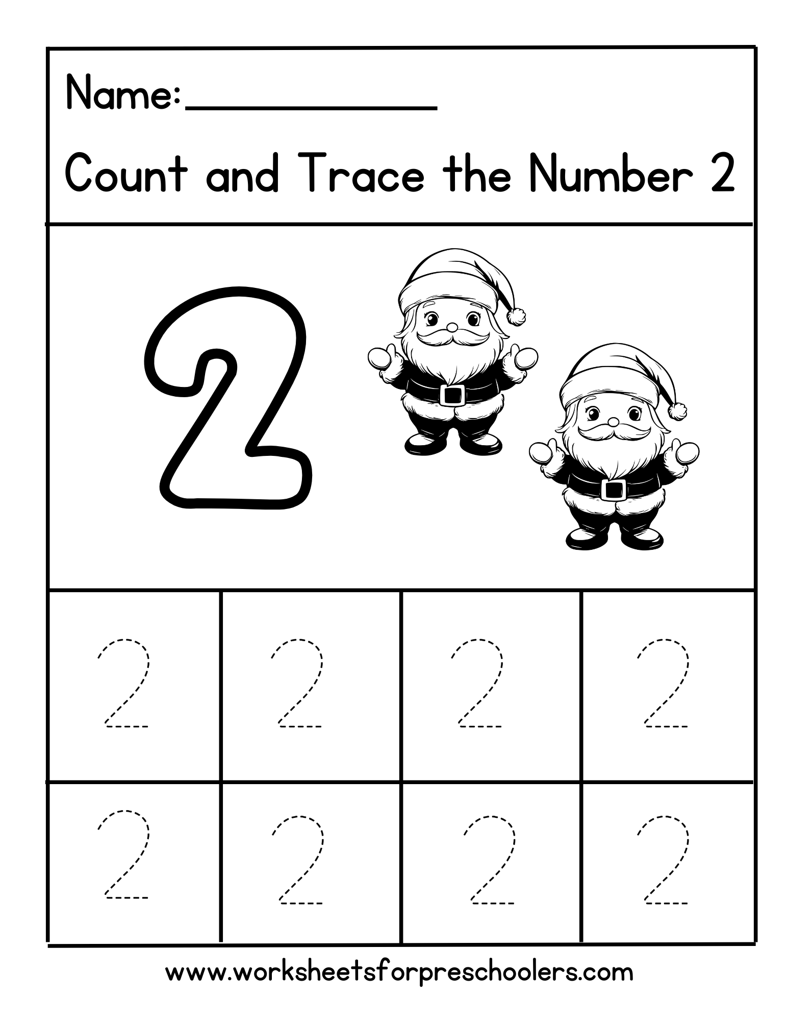 Christmas Theme Tracing Number 2 Worksheet Preschool