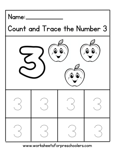 Apple Theme Tracing Number 3 Worksheet 