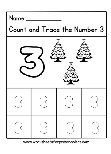 Tracing Letter 3 for Christmas Trees worksheet