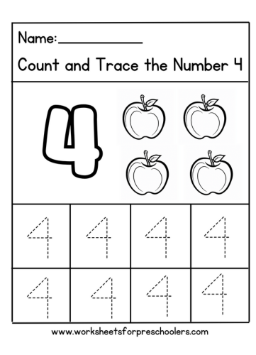 Apple Theme Tracing Number 4 Worksheet Preschool