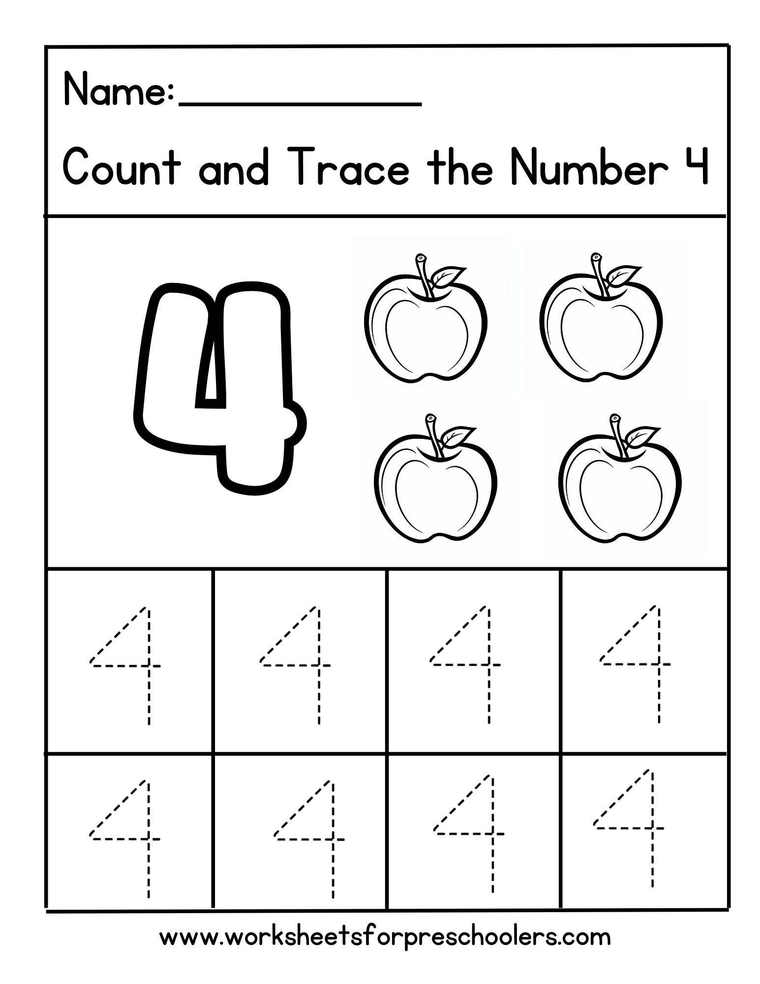 Apple Theme Tracing Number 4 Worksheet Preschool