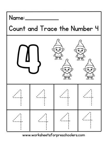 Tracing Number 4 for Elves worksheet