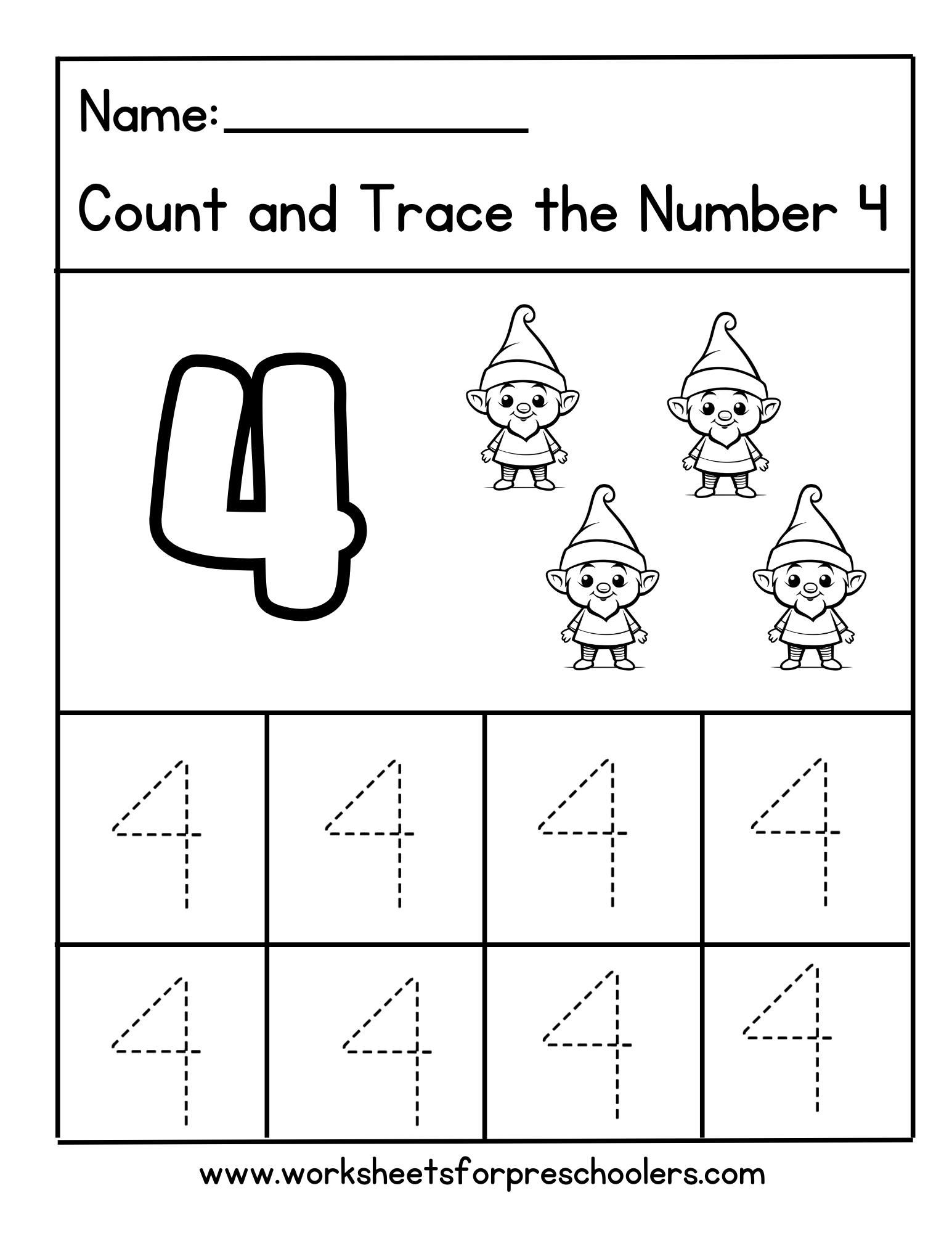 Christmas Theme Tracing Number 4 Worksheet Preschool