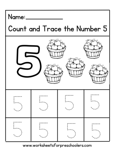 Apple Theme Tracing Number 5 Worksheet Preschool